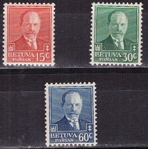 Литва, 1934, 60-летие президента А.Сметаны, 3 марки * наклейки чистые